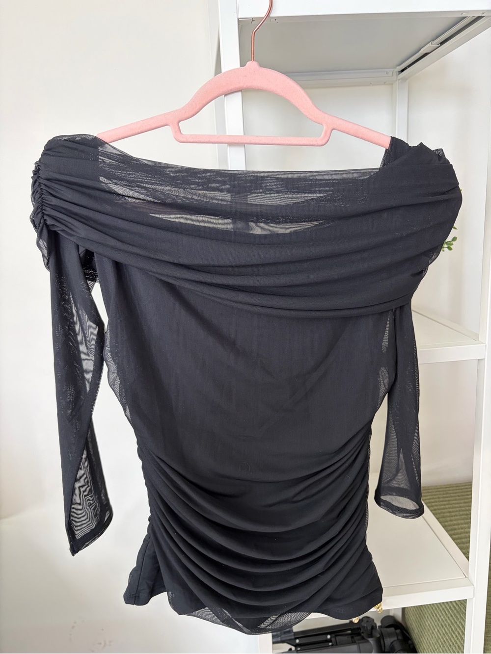 Black Off-Shoulder Ruched Long Sleeve Shirt